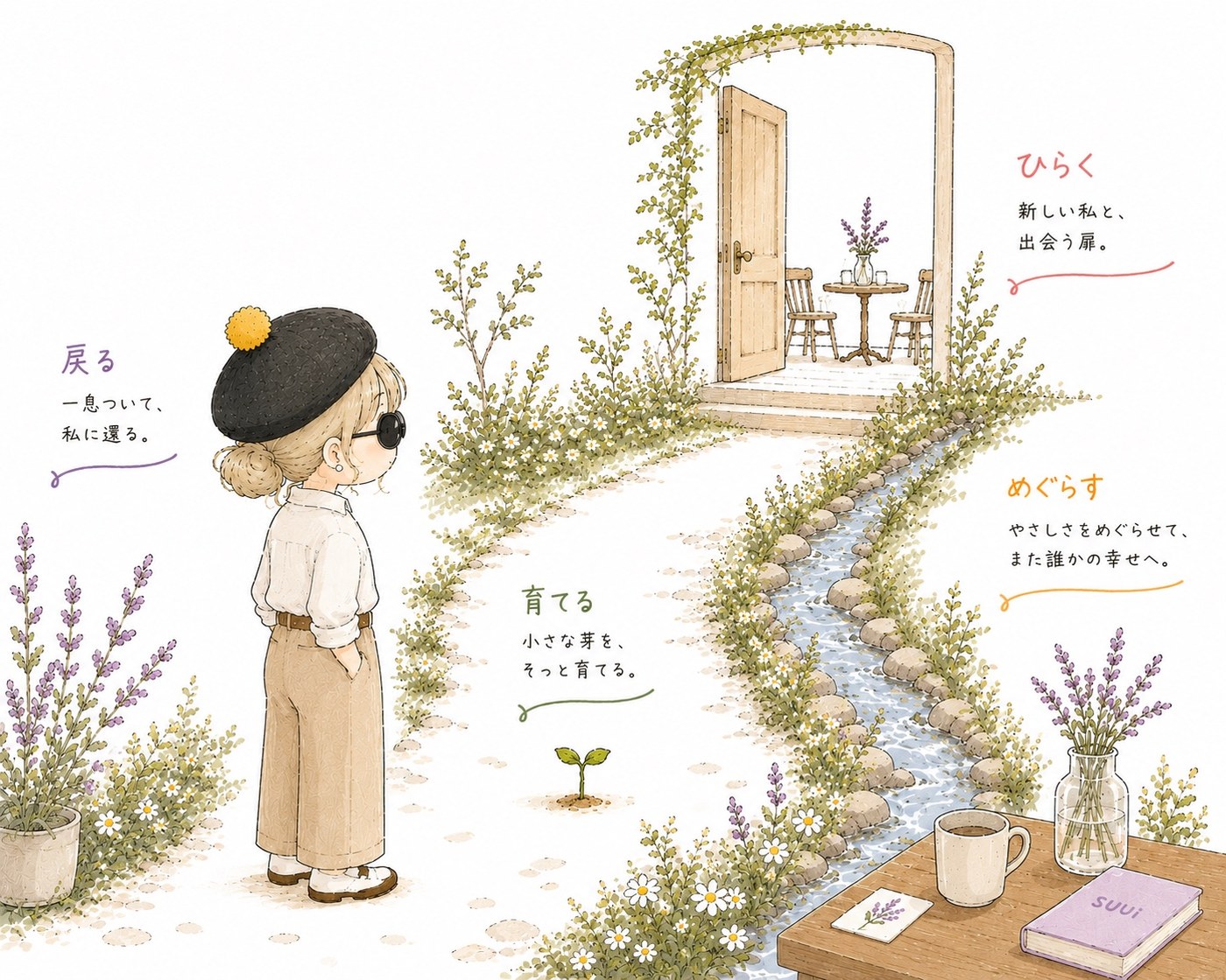 戻る・育てる・ひらく・めぐらす。小道の先の扉へ歩いていく女の子のイラスト